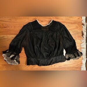 Antique Edwardian Victorian Ladies Black Silk Lace Blouse Beaded Small